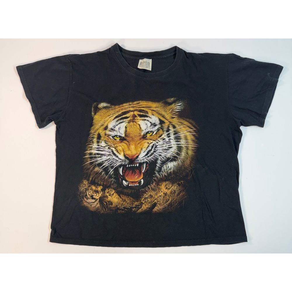 Vintage Style Tiger Graphic T-Shirt Black Snarling Animal Print Tee Large